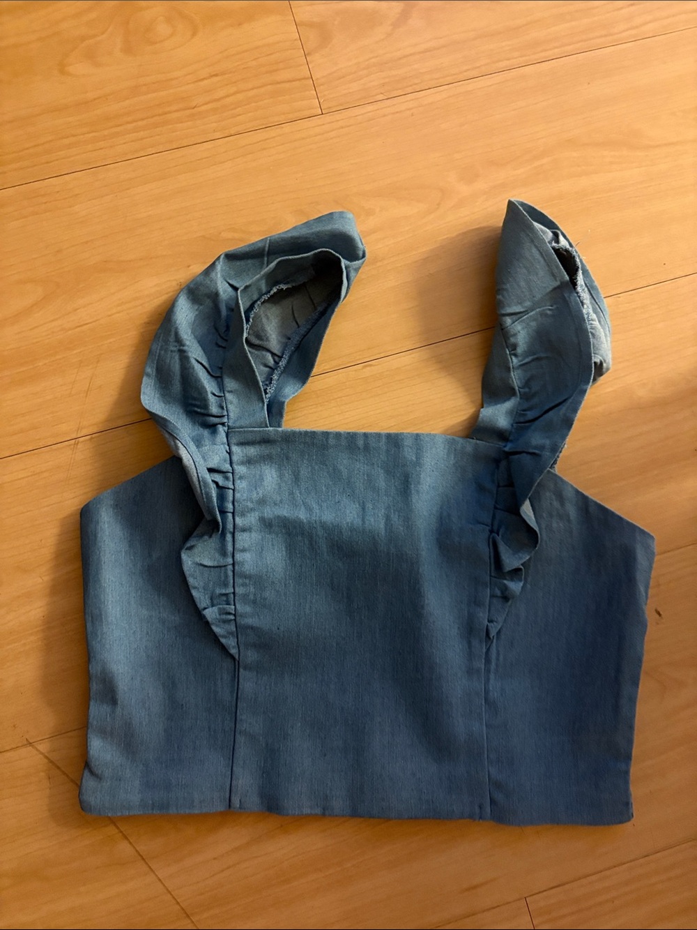 Monteau Denim-Blue Ruffle Strap Crop